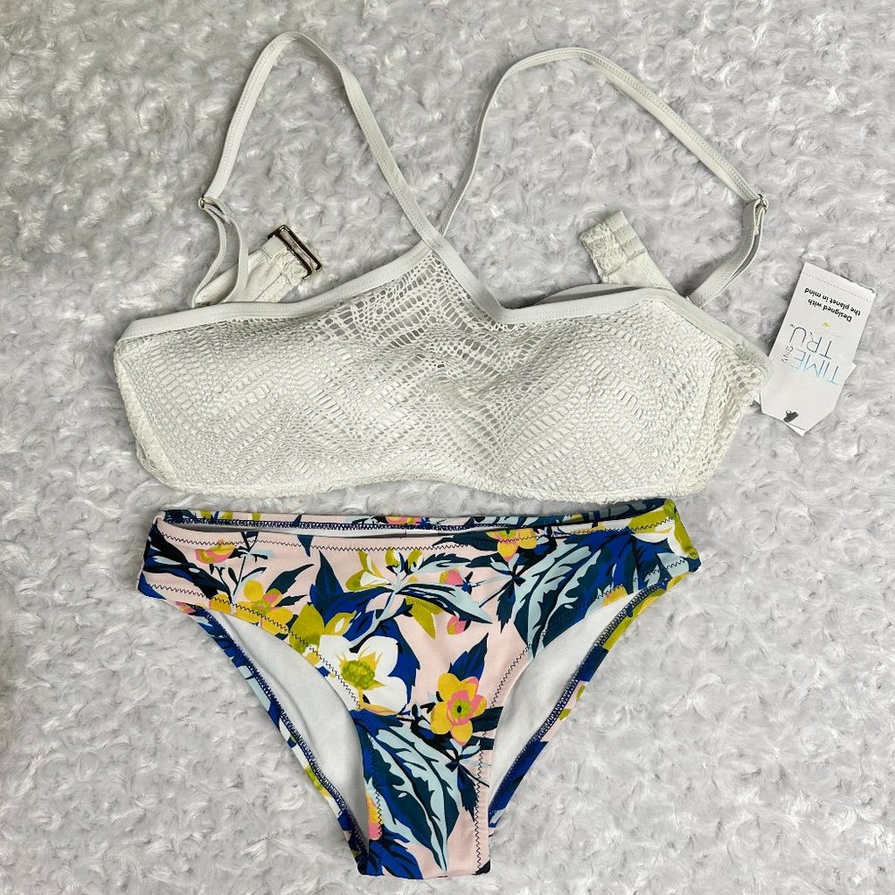 NWT White Lace Top and Floral Bottom Bikini Set